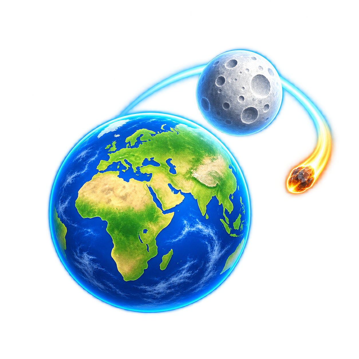 A bright Earth beneath a cratered Moon, with a meteor curving along a glowing gravity trail.